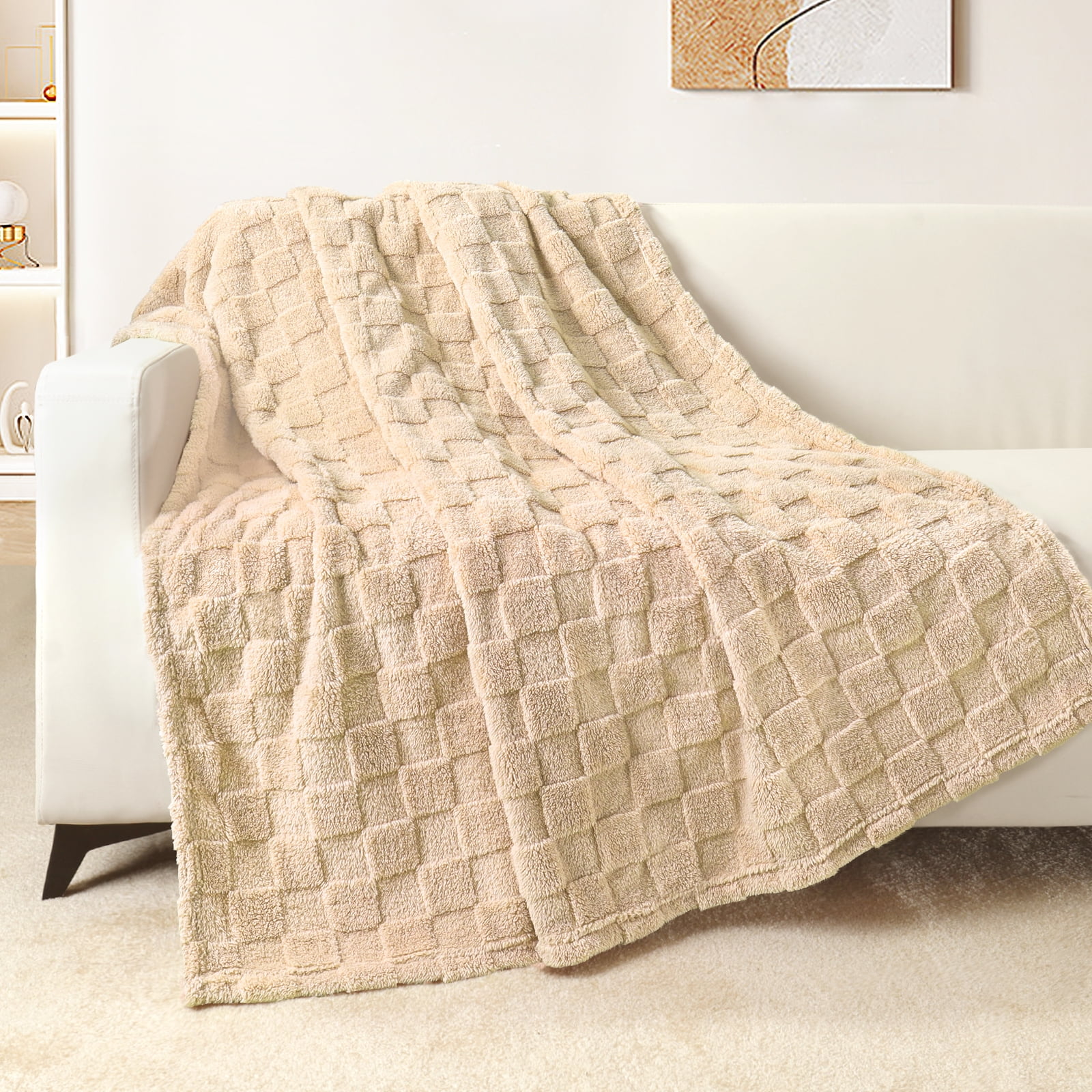 Exclusivo Mezcla Fleece Throw Blanket Couch Super Soft 3D Checkered Jacquard Bed Blanket Cozy Fluffy Lightweight All Seasons 50×60 Inches Coffee