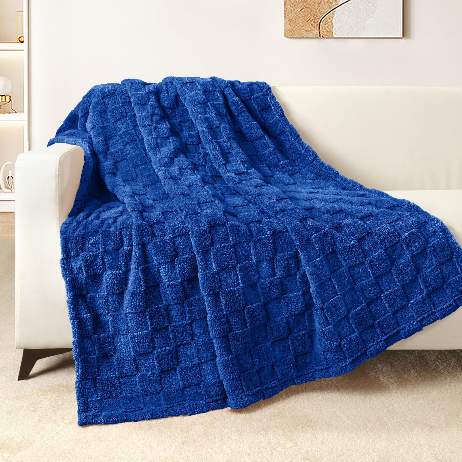 Exclusivo Mezcla Fleece Throw Blanket Couch Super Soft 3D Checkered Jacquard Bed Blanket Cozy Fluffy Lightweight All Seasons 50×60 Inches Coffee