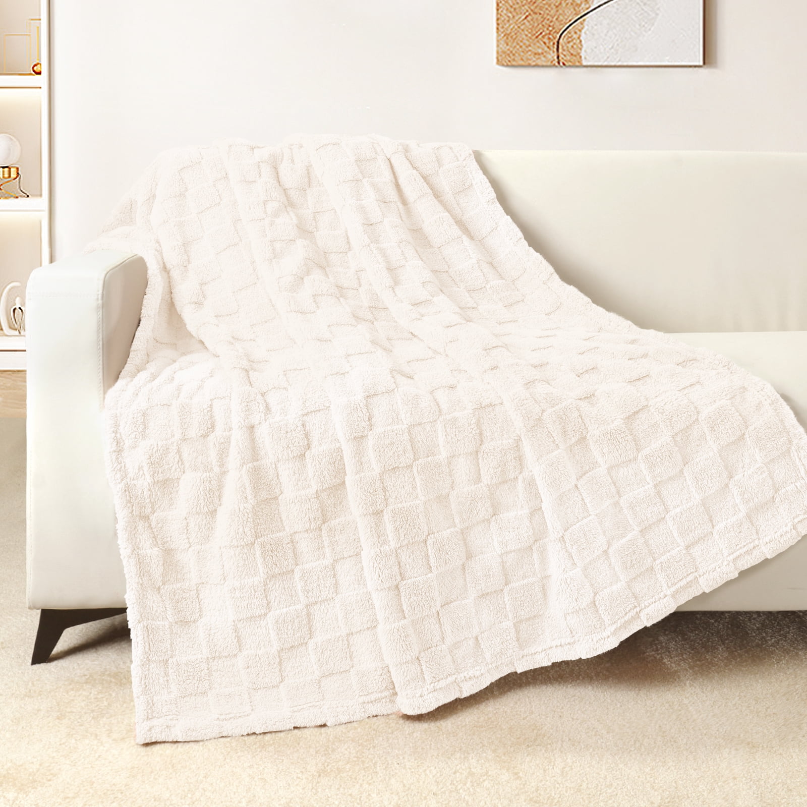Exclusivo Mezcla Fleece Throw Blanket Couch Super Soft 3D Checkered Jacquard Bed Blanket Cozy Fluffy Lightweight All Seasons 50×60 Inches Coffee