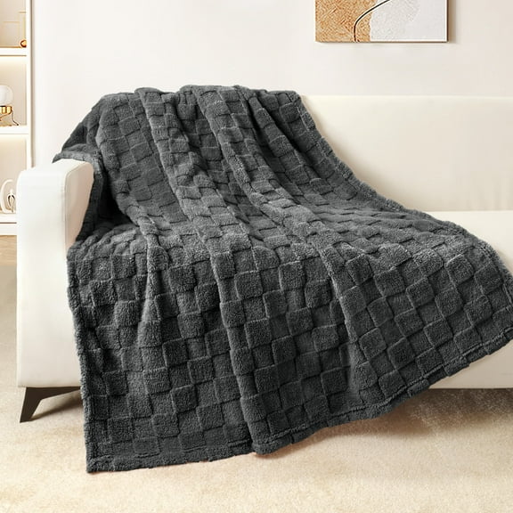 Exclusivo Mezcla Fleece Throw Blanket for Couch, Super Soft Warm Lightweight Checkered Pattern Blanket for All Seasons, Dark Grey, 50"x60"