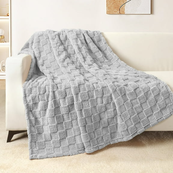Exclusivo Mezcla Fleece Throw Blanket for Couch, Super Soft Warm Lightweight Checkered Pattern Blanket for All Seasons, Light Grey, 50"x60"