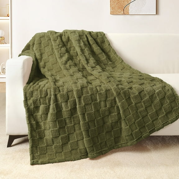 Exclusivo Mezcla Fleece Throw Blanket for Couch, Super Soft Warm Lightweight Checkered Pattern Blanket for All Seasons, Olive Green, 50"x60"