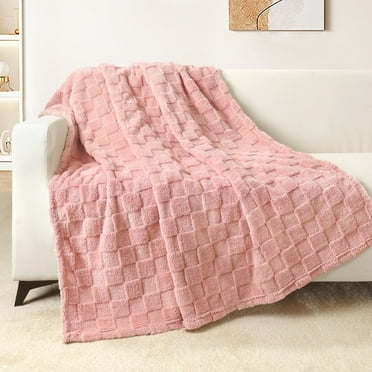 Exclusivo Mezcla Fleece Throw Blanket for Couch, Super Soft Warm Lightweight Checkered Pattern Blanket for All Seasons, Pink, 50"x60"