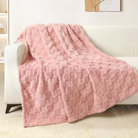 Exclusivo Mezcla Fleece Throw Blanket for Couch, Super Soft Warm Lightweight Checkered Pattern Blanket for All Seasons, Pink, 50"x60"
