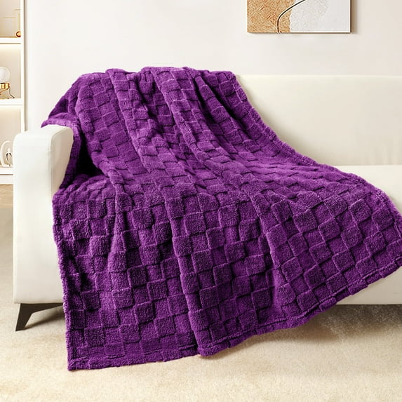 Exclusivo Mezcla Fleece Throw Blanket for Couch, Super Soft Warm Lightweight Checkered Pattern Blanket for All Seasons, Purple, 50"x60"