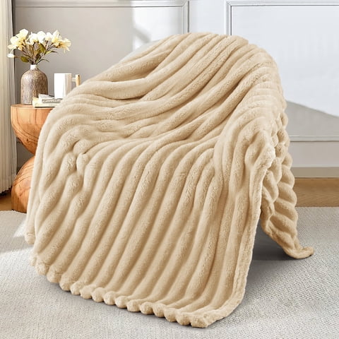 Exclusivo Mezcla Fleece Throw Blanket for Couch, Super Soft 3D Striped Jacquard Blanket, Lightweight Fuzzy Cozy Blankets, Beige, 50"x60"