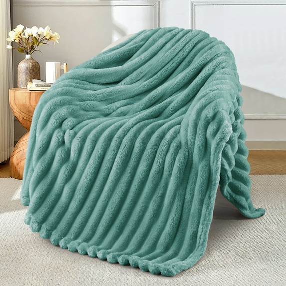 Exclusivo Mezcla Fleece Throw Blanket for Couch, Super Soft 3D Striped Jacquard Blanket, Lightweight Fuzzy Cozy Blankets, Celadon, 50"x60"