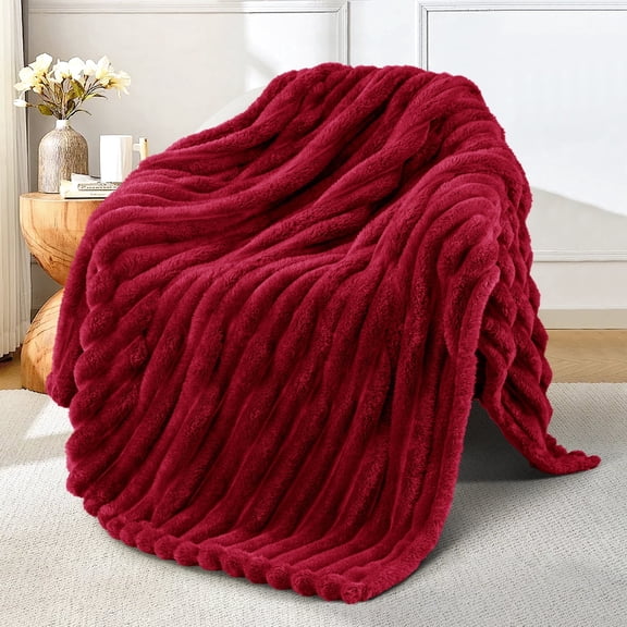 Exclusivo Mezcla Fleece Throw Blanket for Couch, Super Soft 3D Striped Jacquard Blanket, Lightweight Fuzzy Cozy Blankets, Deep Red, 50"x60"