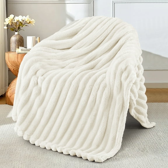 Exclusivo Mezcla Fleece Throw Blanket for Couch, Super Soft 3D Striped Jacquard Blanket, Lightweight Fuzzy Cozy Blankets, Ivory, 50"x60"