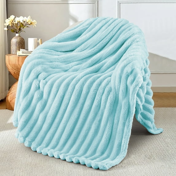 Exclusivo Mezcla Fleece Throw Blanket for Couch, Super Soft 3D Striped Jacquard Blanket, Lightweight Fuzzy Cozy Blankets, Light Blue, 50"x60"