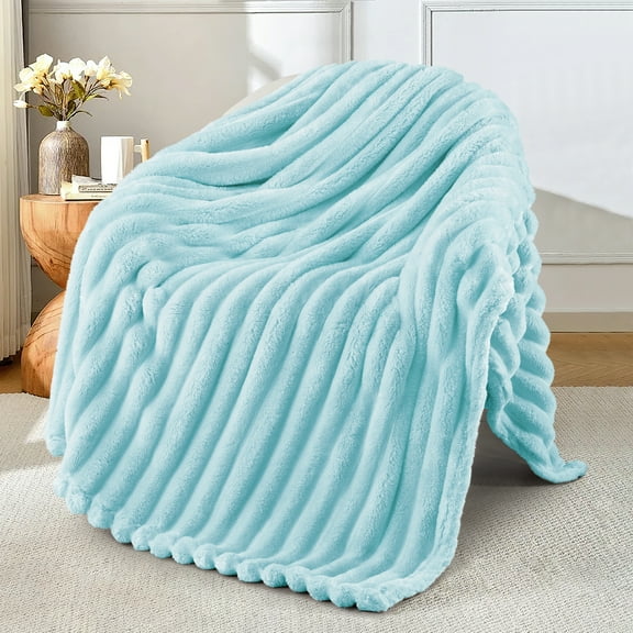 Exclusivo Mezcla Fleece Throw Blanket for Couch, Super Soft 3D Striped Jacquard Blanket, Lightweight Fuzzy Cozy Blankets, Light Blue, 50"x60"