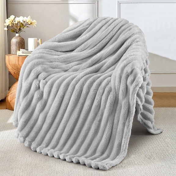 Exclusivo Mezcla Fleece Throw Blanket for Couch, Super Soft 3D Striped Jacquard Blanket, Lightweight Fuzzy Cozy Blankets, Light Grey, 50"x60"
