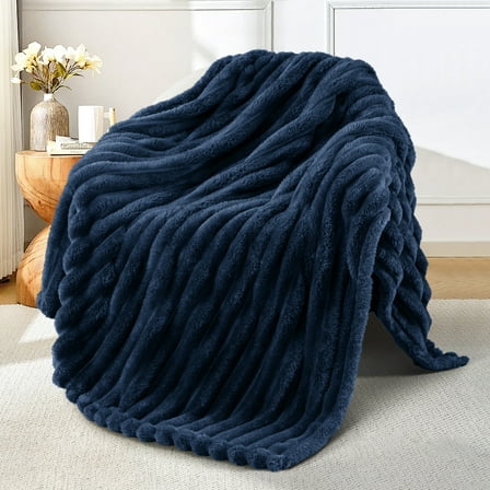 Exclusivo Mezcla Fleece Throw Blanket for Couch, Super Soft 3D Striped Jacquard Blanket, Lightweight Fuzzy Cozy Blankets, Navy Blue, 50"x60"