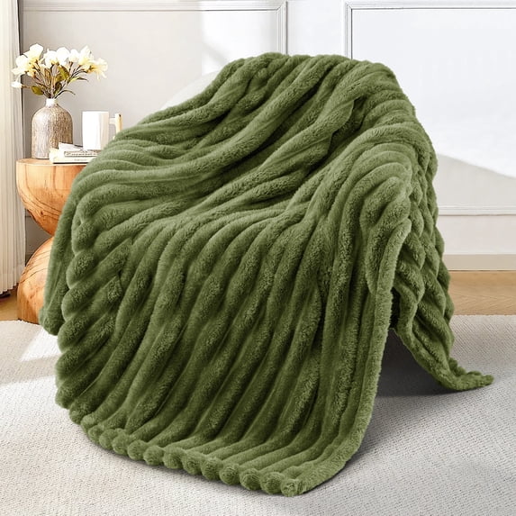 Exclusivo Mezcla Fleece Throw Blanket for Couch, Super Soft 3D Striped Jacquard Blanket, Lightweight Fuzzy Cozy Blankets, Olive Green, 50"x60"