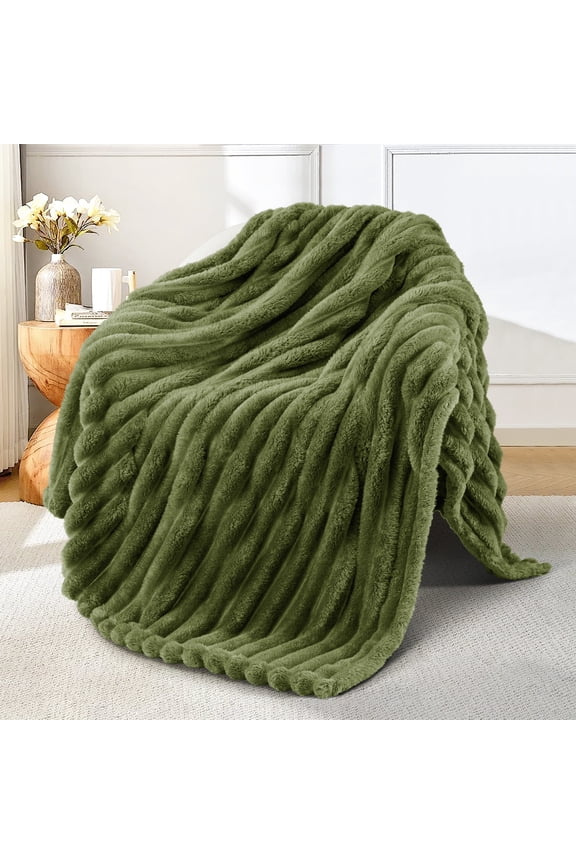 Fleece Throw Blanket for Couch, Super Soft 3D Striped Jacquard Blanket, Lightweight Fuzzy Cozy Blankets, Olive Green, 50"x60"
