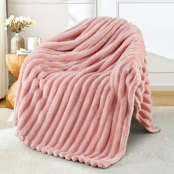 Exclusivo Mezcla Fleece Throw Blanket for Couch, Super Soft 3D Striped Jacquard Blanket, Lightweight Fuzzy Cozy Blankets, Pink, 50"x60"