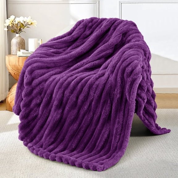 Exclusivo Mezcla Fleece Throw Blanket for Couch, Super Soft 3D Striped Jacquard Blanket, Lightweight Fuzzy Cozy Blankets, Purple, 50"x60"