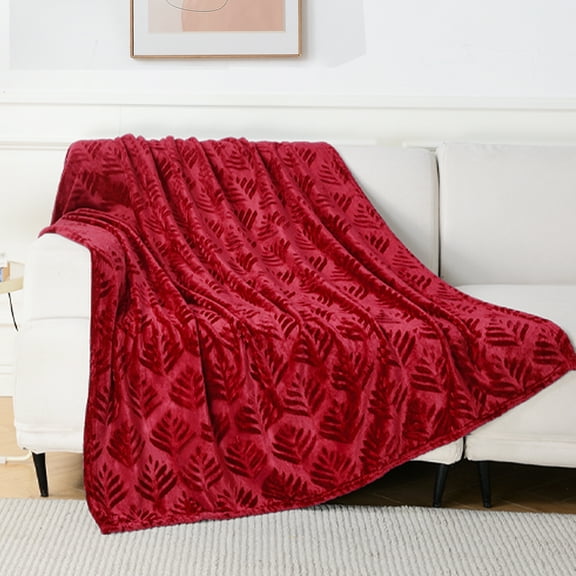 Exclusivo Mezcla Fleece Throw Blanket for Couch, Leaves Pattern Super Soft and Cozy Blankets, Plush Fuzzy Lightweight, Deep Red, 50"x60"