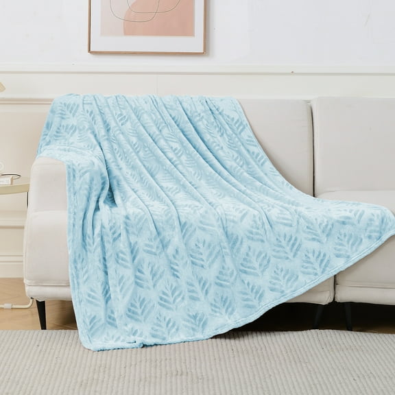 Exclusivo Mezcla Fleece Throw Blanket for Couch, Leaves Pattern Super Soft and Cozy Blankets, Plush Fuzzy Lightweight, Ice Blue, 50"x60"