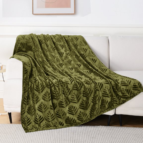 Exclusivo Mezcla Fleece Throw Blanket for Couch, Leaves Pattern Super Soft and Cozy Blankets, Plush Fuzzy Lightweight, Olive Green, 50"x60"
