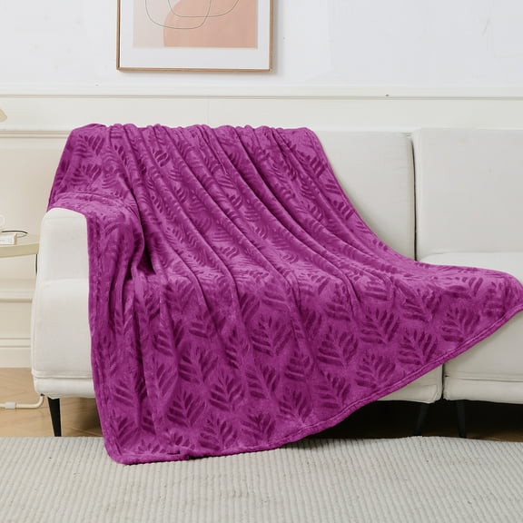 Exclusivo Mezcla Fleece Throw Blanket for Couch, Leaves Pattern Super Soft and Cozy Blankets, Plush Fuzzy Lightweight, Purple, 50"x60"
