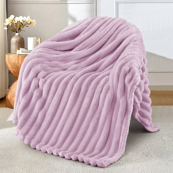 Exclusivo Mezcla Fleece Throw Blanket for Couch, Super Soft 3D Striped Jacquard Blanket, Lightweight Fuzzy Cozy Blankets, Light Purple, 50"x60"