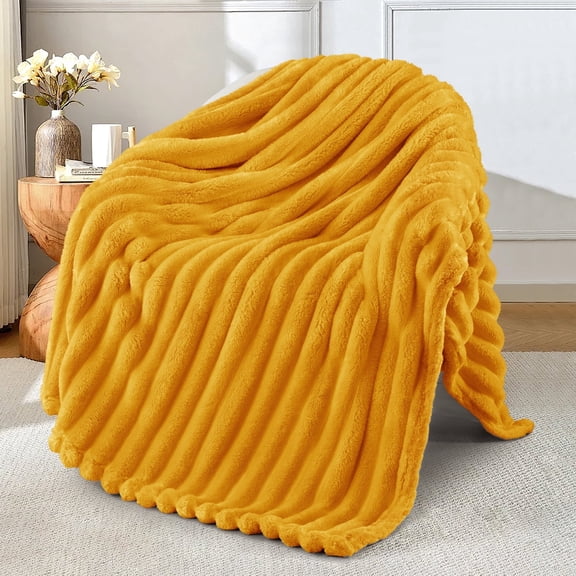 Exclusivo Mezcla Fleece Throw Blanket for Couch, Super Soft 3D Striped Jacquard Blanket, Lightweight Fuzzy Cozy Blankets, Mustard Yellow, 50"x60"