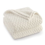 Exclusivo Mezcla Fleece Throw Blanket for Couch, Super Soft Jacquard Bed Blanket, Lightweight Fuzzy Warm for All Seasons, 50x60 Inches, Ivory