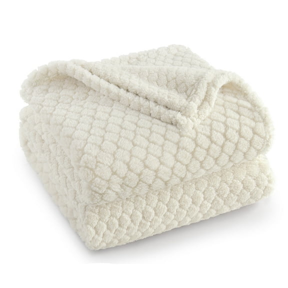 Exclusivo Mezcla Fleece Throw Blanket for Couch, Super Soft Jacquard Bed Blanket, Lightweight Fuzzy Warm for All Seasons, 50x60 Inches, Ivory