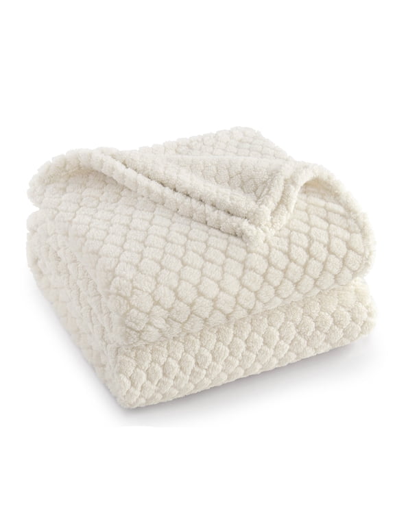 Fleece Throw Blanket for Couch, Super Soft Jacquard Bed Blanket, Lightweight Fuzzy Warm for All Seasons, 50x60 Inches, Ivory