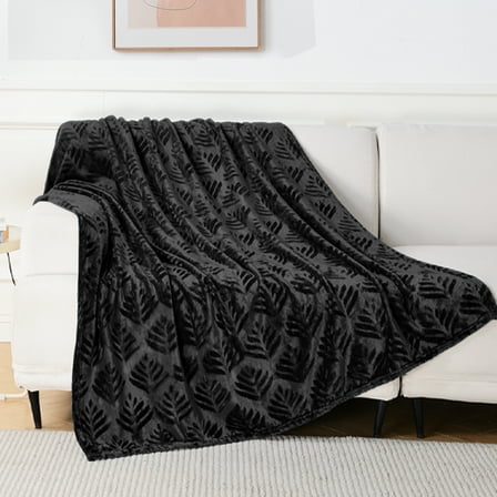 Exclusivo Mezcla Fleece Throw Blanket for Couch, Leaves Pattern Super Soft and Cozy Blankets, Plush Fuzzy Lightweight, Black, 50"x60"