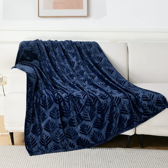 Exclusivo Mezcla Fleece Throw Blanket for Couch, Leaves Pattern Super Soft and Cozy Blankets, Plush Fuzzy Lightweight, Navy Blue, 50"x60"