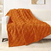 Exclusivo Mezcla Fleece Throw Blanket for Couch, Super Soft Warm Lightweight Checkered Pattern Blanket for All Seasons, Burnt Orange, 50"x60"