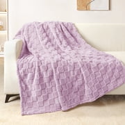 Exclusivo Mezcla Fleece Throw Blanket for Couch, Super Soft Warm Lightweight Checkered Pattern Blanket for All Seasons, Light Purple, 50"x60"