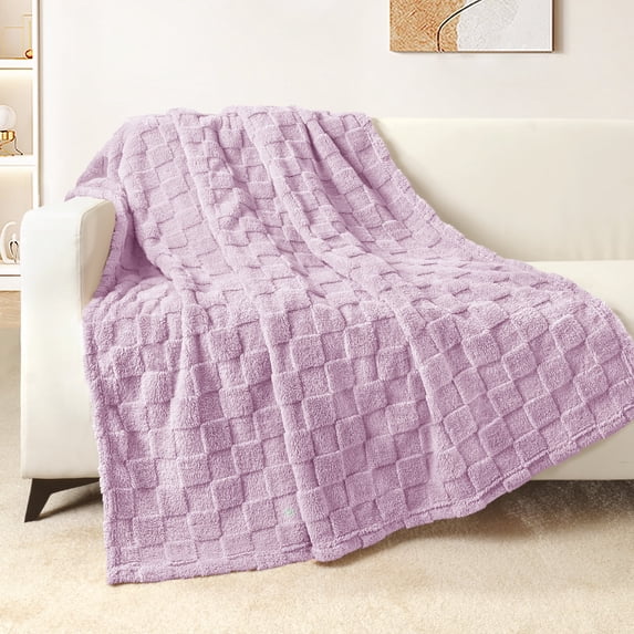 Exclusivo Mezcla Fleece Throw Blanket for Couch, Super Soft Warm Lightweight Checkered Pattern Blanket for All Seasons, Light Purple, 50"x60"