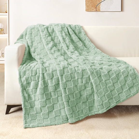 Exclusivo Mezcla Fleece Throw Blanket for Couch, Super Soft Warm Lightweight Checkered Pattern Blanket for All Seasons, Sage Green, 50"x60"
