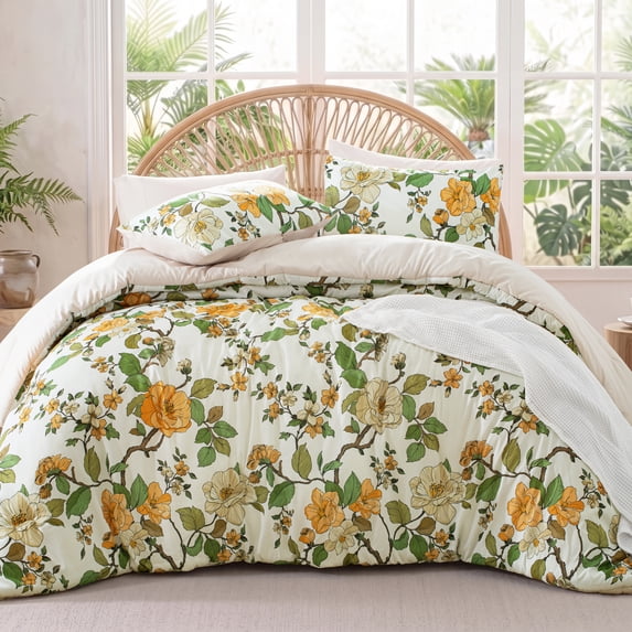 Exclusivo Mezcla Floral King Comforter Set, 3 Pieces King Size Lightweight Bedding Comforters, Yellow Botanical Flowers Pattern