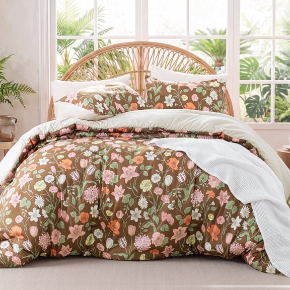 Exclusivo Mezcla Floral Queen Comforter Set, 3 Pieces Queen Size Lightweight Bedding Comforters, Brown Botanical Flowers Pattern