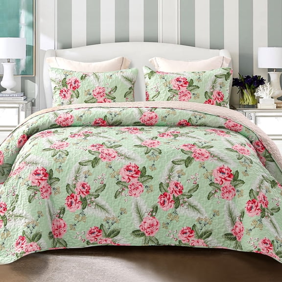 Exclusivo Mezcla Floral Quilt Set Queen Size, 3-Piece Reversible Quilt Bedding Set with Botanical Pink Flower Pattern, Lightweight and Soft Bedspread Coverlets