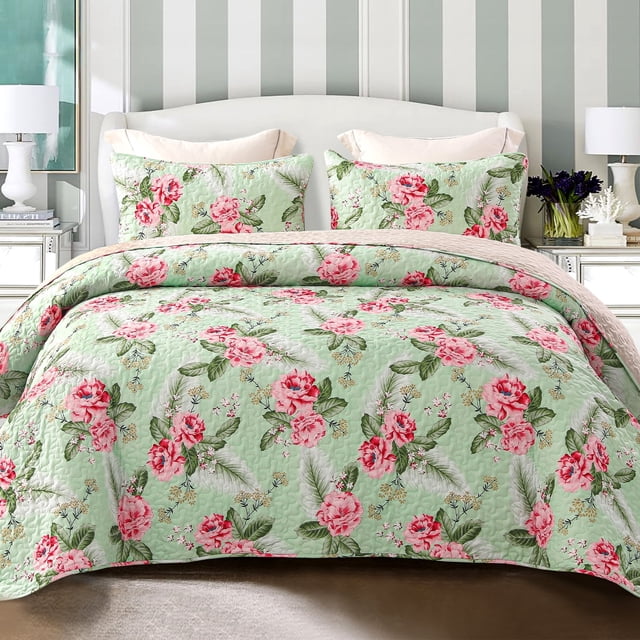 Exclusivo Mezcla Floral Quilt Set Queen Size, 3-Piece Reversible Quilt Bedding Set with Botanical Pink Flower Pattern, Lightweight and Soft Bedspread Coverlets