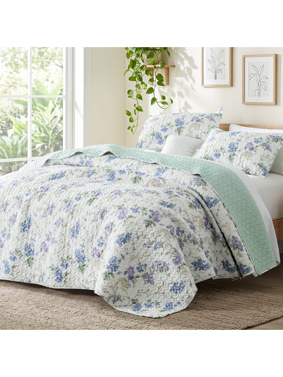 Floral Quilts Queen Size, Faint Yellow Queen Quilt Bedding Set with Purple Floral and Vine Pattern, Reversible Lightweight Bedspreads Coverlets (92"x96")