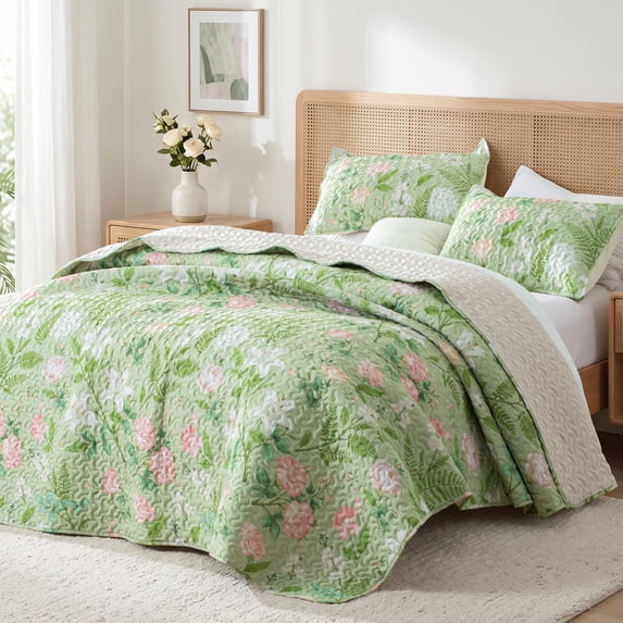 Exclusivo Mezcla Floral Quilts Queen Size, Green Queen Quilt Bedding Set with Blooming Cottagecore Garden Pattern, Reversible Lightweight Bedspreads Coverlets (92"x96")