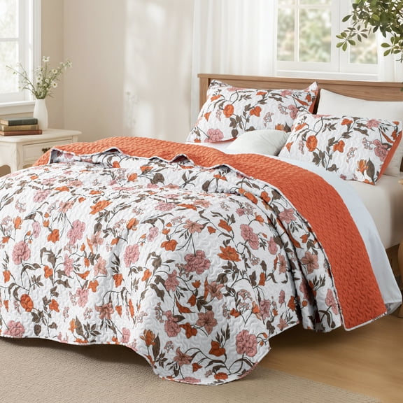 Exclusivo Mezcla Floral Quilts Queen Size, Queen Quilt Bedding Set with Orange Cottagecore Garden Pattern, Reversible Lightweight Bedspreads Coverlets (92"x96")