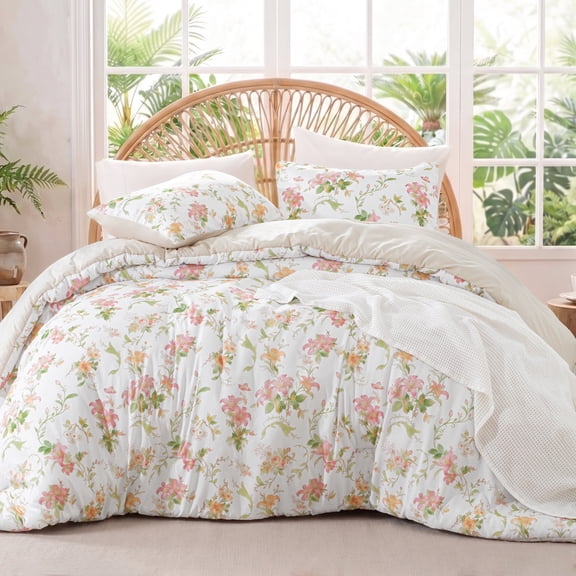 Exclusivo Mezcla Floral Twin Comforter Set, 2 Pieces Twin Size Lightweight Bedding Comforters, Beige Botanical Flowers Pattern