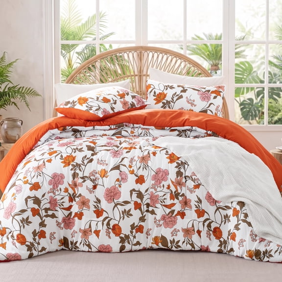 Exclusivo Mezcla Floral Twin Comforter Set, 2 Pieces Twin Size Lightweight Bedding Comforters, Orange Botanical Flowers Pattern