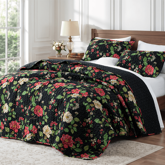 Exclusivo Mezcla Floral Twin Size Quilt Set, Black Twin Quilt Bedding Set with Red Cottagecore Garden Pattern, Reversible Lightweight Bedspreads Coverlets (68"x88")