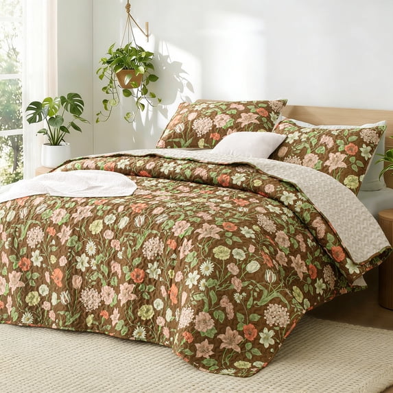 Exclusivo Mezcla Floral Twin Size Quilt Set, Brown Twin Quilt Bedding Set with Cottagecore Garden Pattern, Reversible Lightweight Bedspreads Coverlets (68"x88")