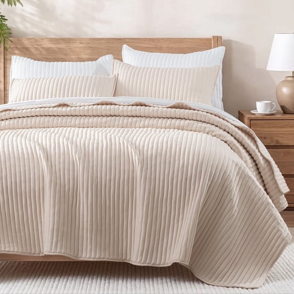 Exclusivo Mezcla Full Queen Quilt Bedding Set, Stripe Stitching Beige Quilts Queen Size for All Seasons, Soft Lightweight Microfiber Bedspreads Coverlets Bed Cover, 90"x96"