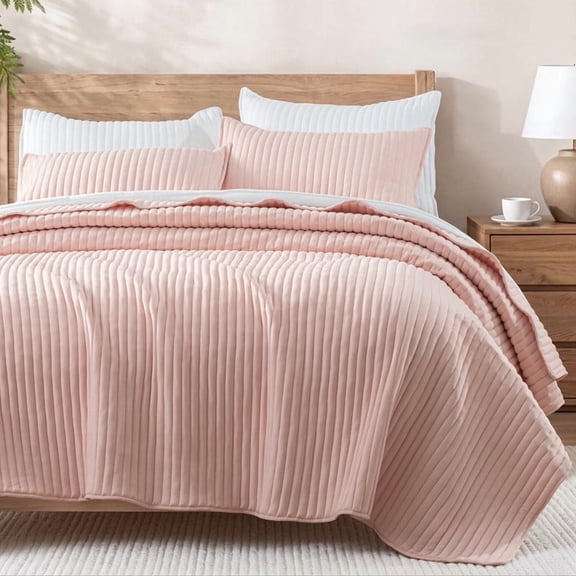 Exclusivo Mezcla Full Queen Quilt Bedding Set, Stripe Stitching Blush Pink Quilts Queen Size for All Seasons, Soft Lightweight Microfiber Bedspreads Coverlets Bed Cover, 90"x96"