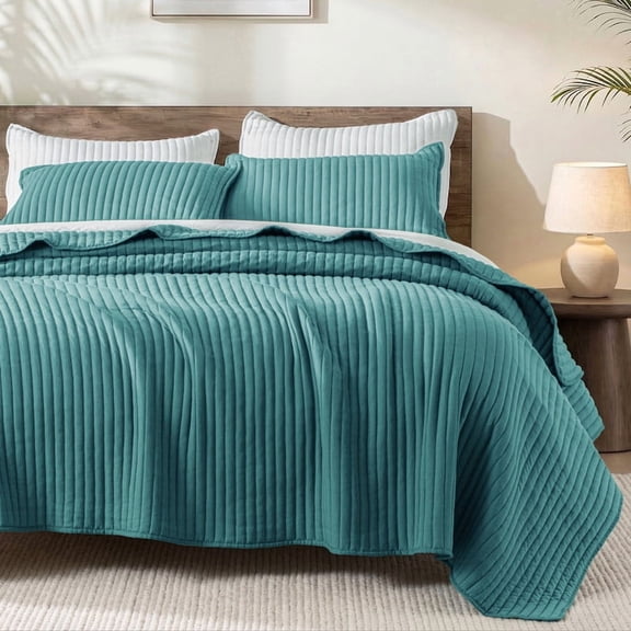 Exclusivo Mezcla Full Queen Quilt Bedding Set, Stripe Stitching Teal Quilts Queen Size for All Seasons, Soft Lightweight Microfiber Bedspreads Coverlets Bed Cover, 90"x96"